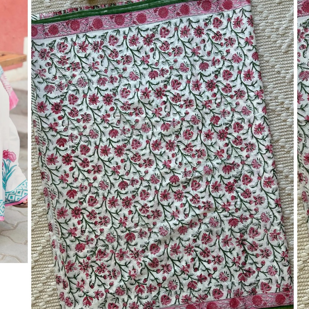 Floral Print Fabric with Pink and Green Accents New block Print cotton Saree - Picture 6 of 15